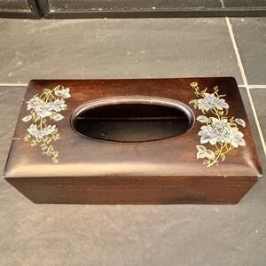 Vintage Wood Tissue Box Cover Mother of Pearl Floral Inlay Chinoiserie Decor